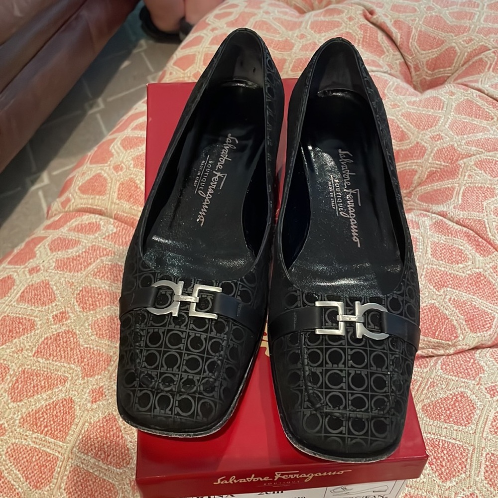 Salvatore Ferragamo Black Logo Jacquard Flats with Silver Gancini